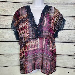 Oneworld Women’s Boho Patchwork Lace Top XL Sheer Short Sleeve Tunic